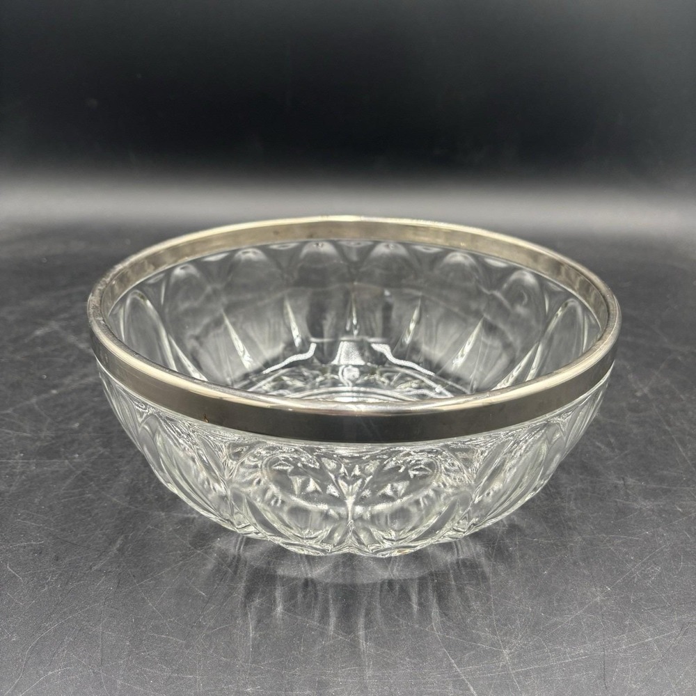 Vintage Heavy Cut Glass Bowl Silver Plate Rim Made In Italy 9"×4"‎